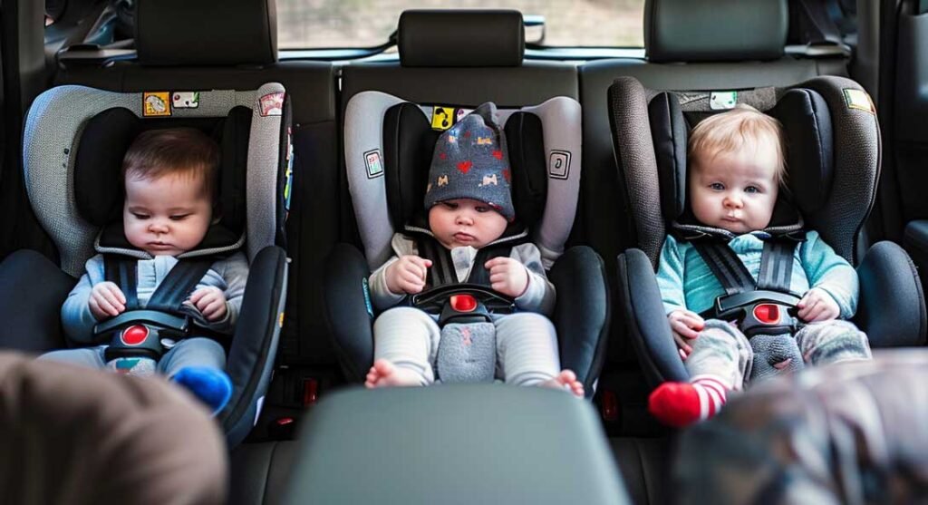 3 bebés en 3 sillas de coche en la parte trasera de un coche
