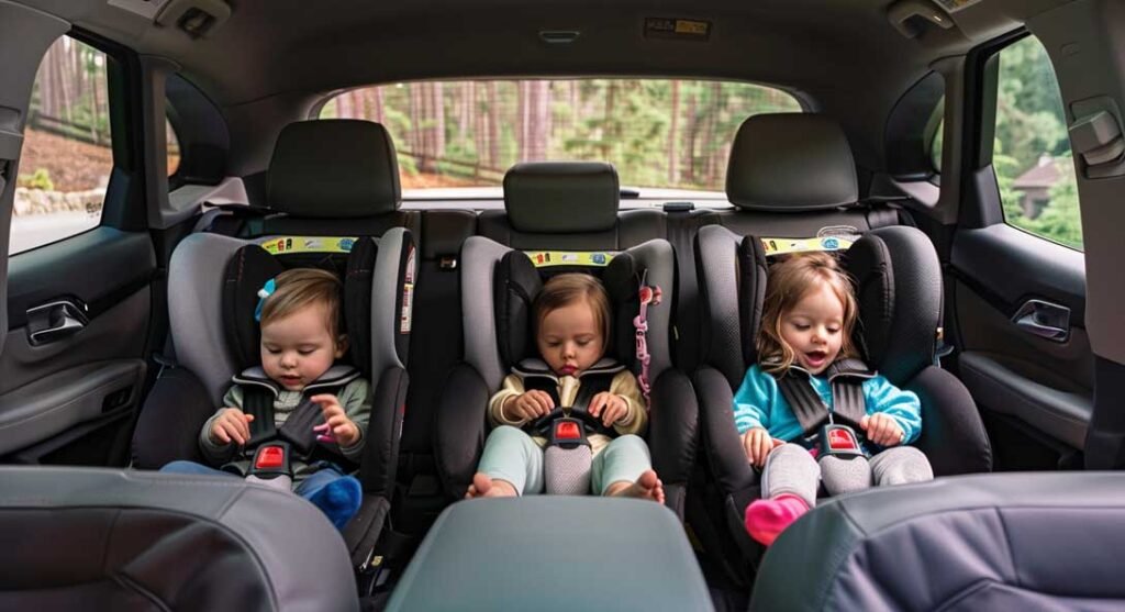 3 niños en 3 sillas de coche en la parte trasera de un coche