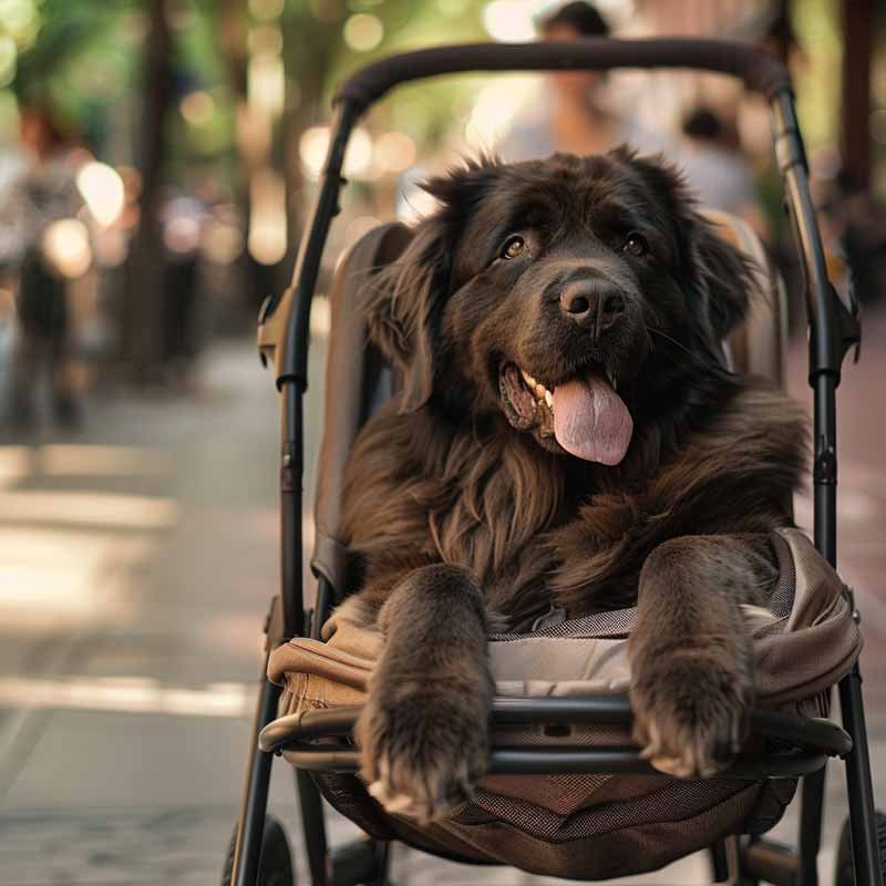 un perro grande en un cochecito pequeño